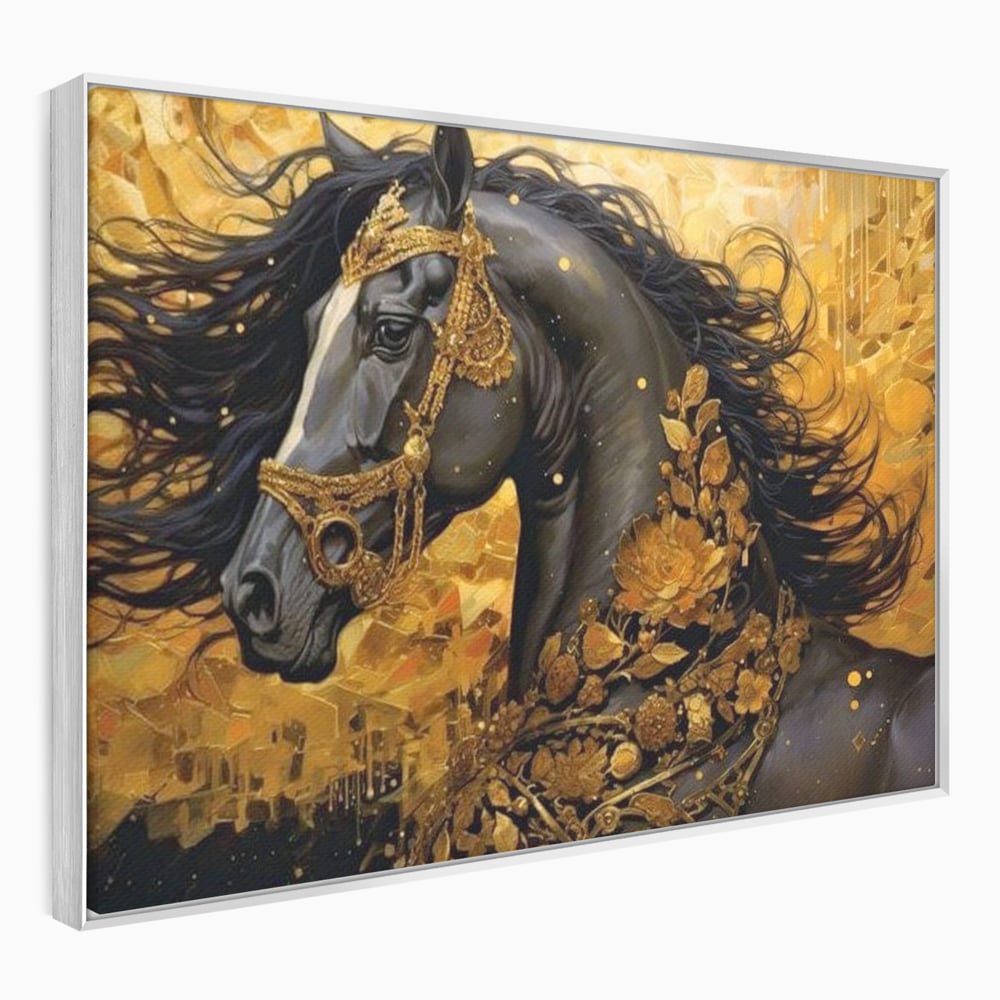 Tablou canvas cu tablou canvas cu armasar negru si ornamente aurii, in rama de aluminiu argintiu